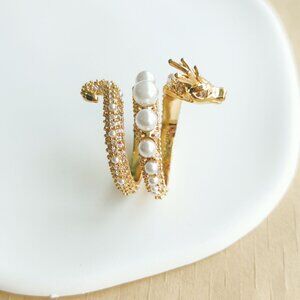 ❤️ Kate Spade Dazzling Dragon Gold Pearl Wrap Ring #7❤️